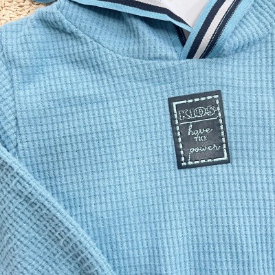 Conj. Casaco com Capuz Have This Power e Calça em Malha Wafle - Azul Jeans